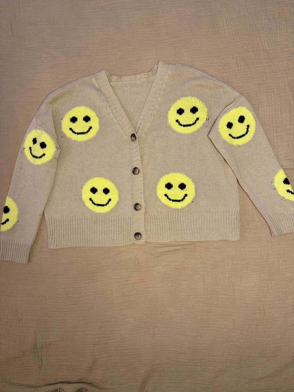 Beige Smiley Cardigan Sweater with Yellow Smile Motifs